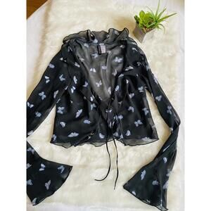 Divided Sheer Black Butterfly Print Tie Front Blouse Size Small